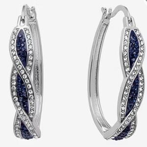 Sparkle Allure Blue Crystal Stones Silver Plated 35mm Hinge Hoop Earrings NIB